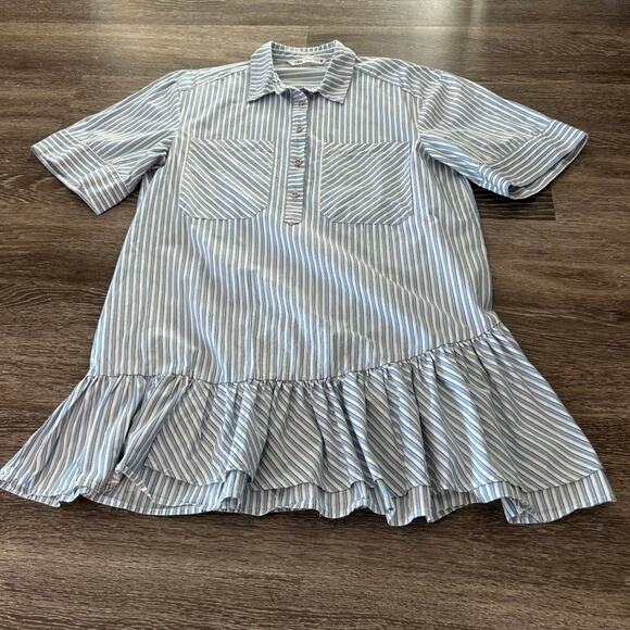 EUC Zara Blue White Striped Mini Shirtdress Size M Ruffle Hem Cotton Poplin - Picture 14 of 16